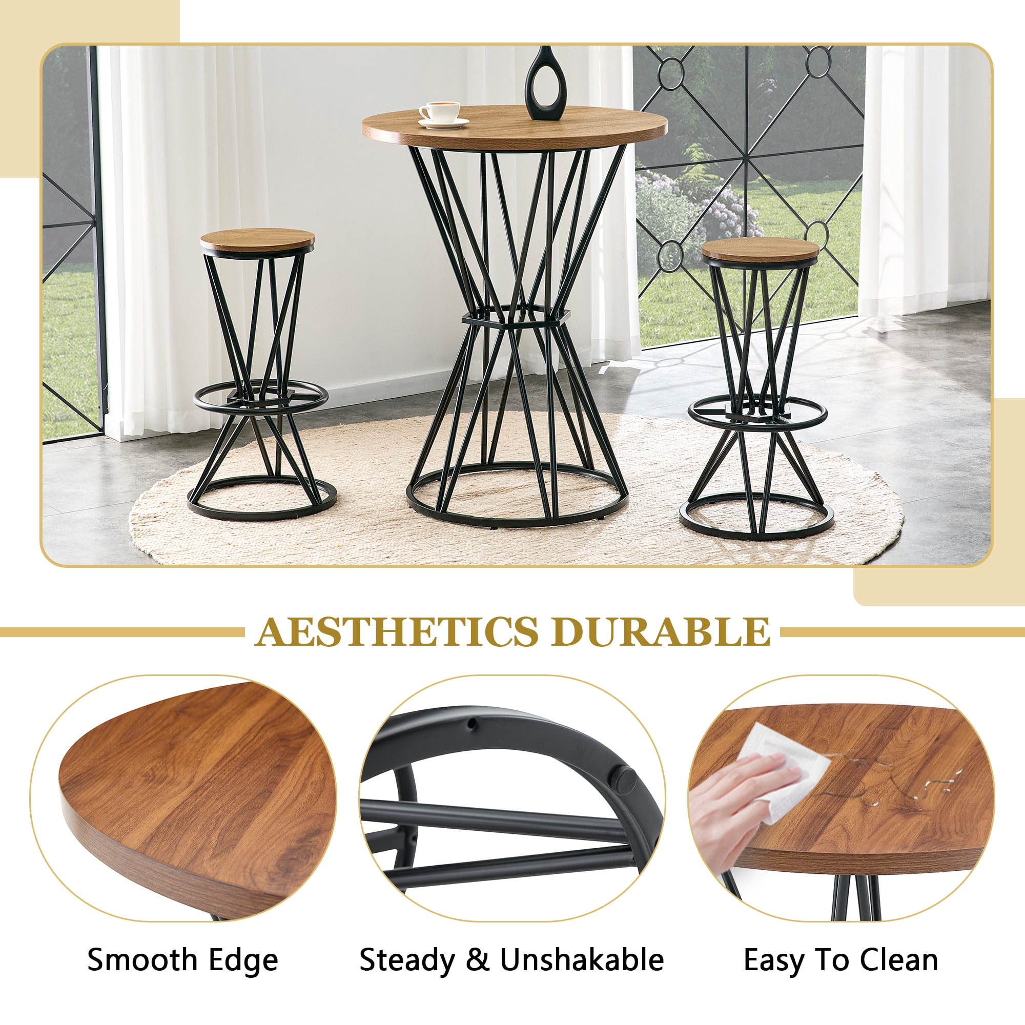 3-Piece Bar Table and Chair Set, 31.5-Inch Walnut MDF Bar Table with Black Metal Frame and 2 Bar Stools, Industrial Pub Dining Table Set for Kitchen Island Dining Space, Walnut Black