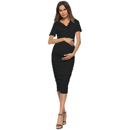 

Rewenti Pregnant Women Clothes Short Sleeve Soild Color Maternity Casual Sexy Dress Black M(M)