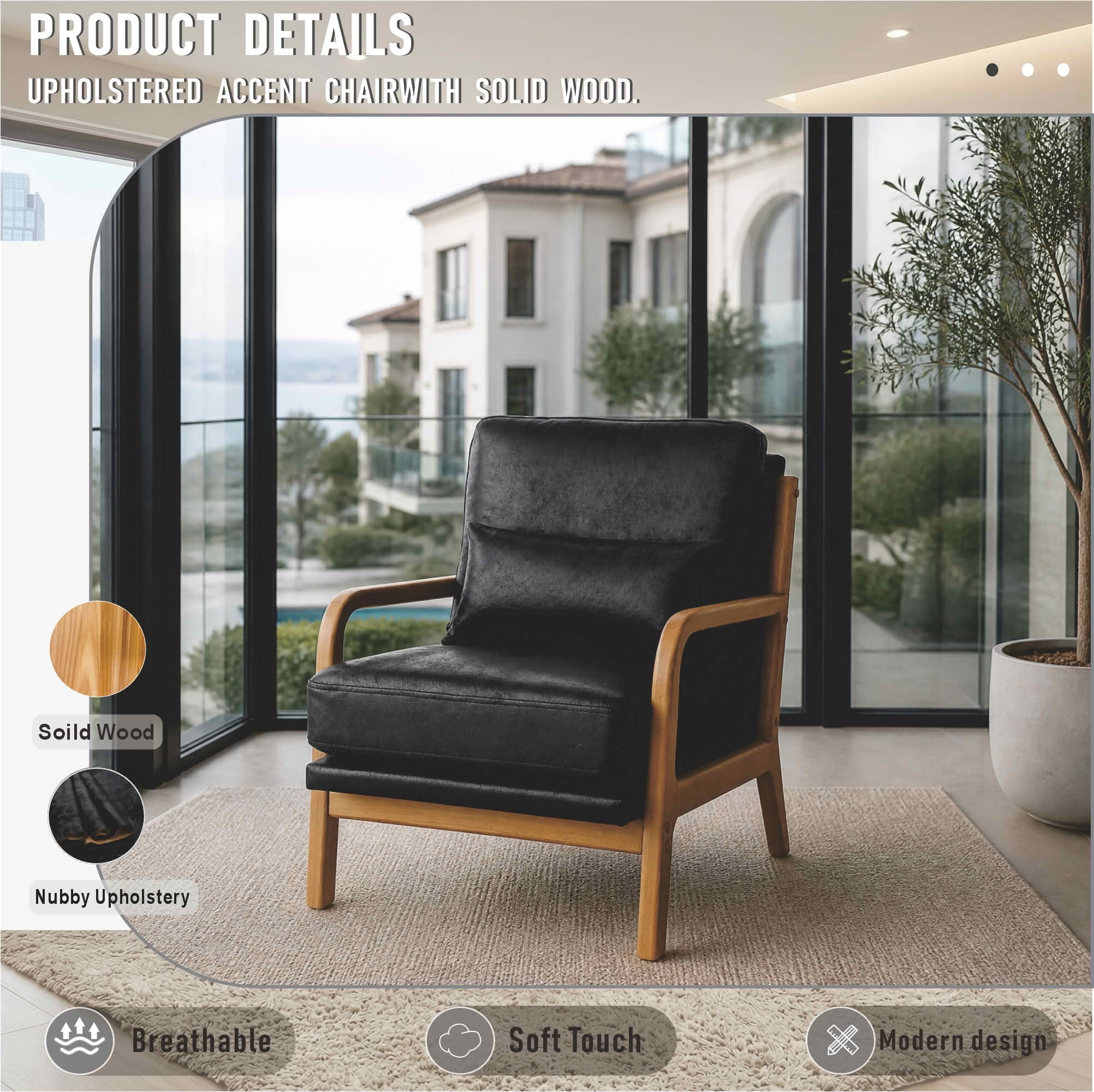 MAYEERTY 26 In Solid Wood Armchair, Curved Armrests, Foil Fabric, Memory Foam, Black, 300 lb