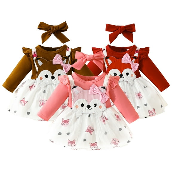 Esaierr 2PCS 0-18M Newborn Girls Dress Sweet Spring Fall Tulle Print Splice Dress Long Sleeve Casual Bow Comforts Dress