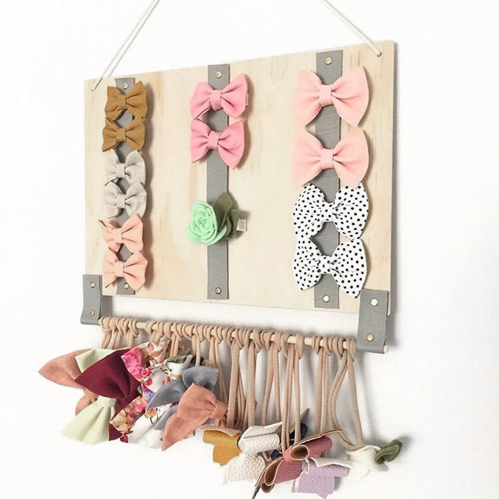 Hair Accessories Hanging Organizers Wood Multicolor Belt Hair Bows Holder Girls Hair Clips Headband Organizer Wall Hanging Decoration for Baby Girls Room