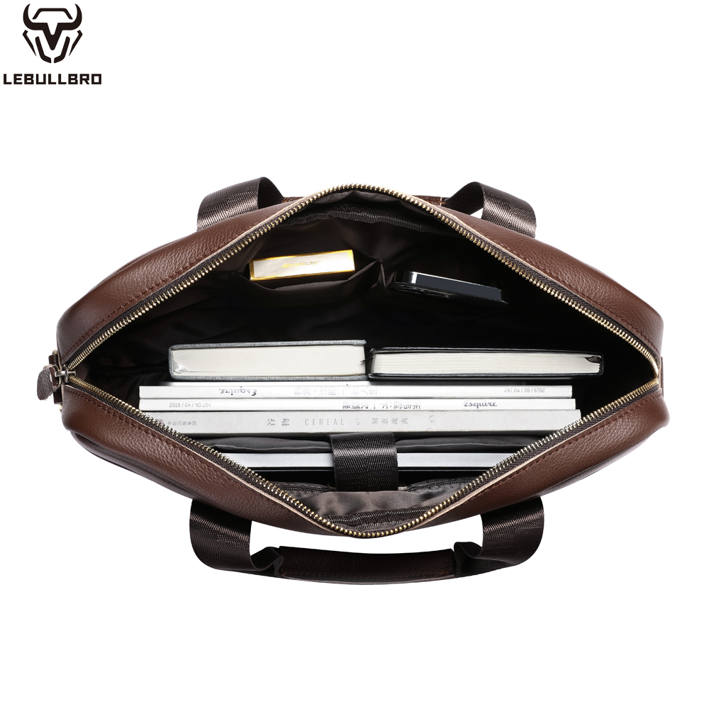 LEBULLBRO Mens Genuine Leather Briefcase Shoulder Messenger Bags Work Laptop Bag Coffee