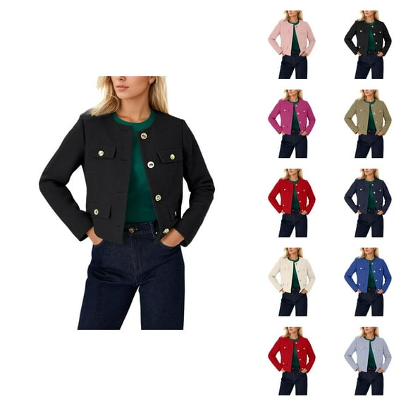 Cropped Tweed Blazer for Women 2025 Long Sleeve Button Down Business Casual Cardigans with Pockets Office Work Outfits