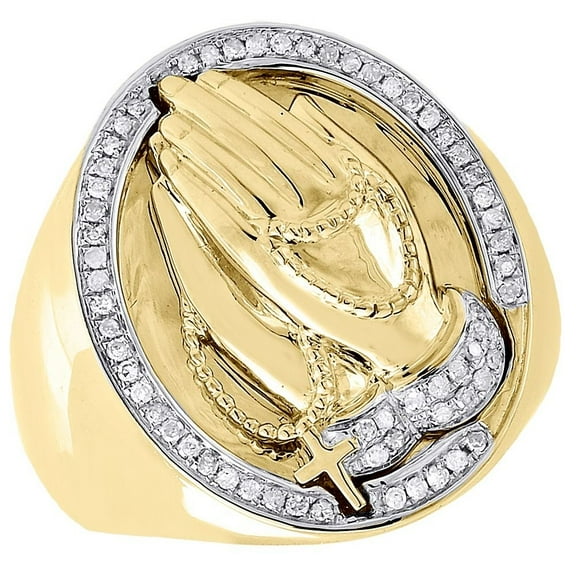 Diamond Angel Pinky Ring Men's 10K Yellow Gold Brushed Round Pave Set 0.30 Tcw.