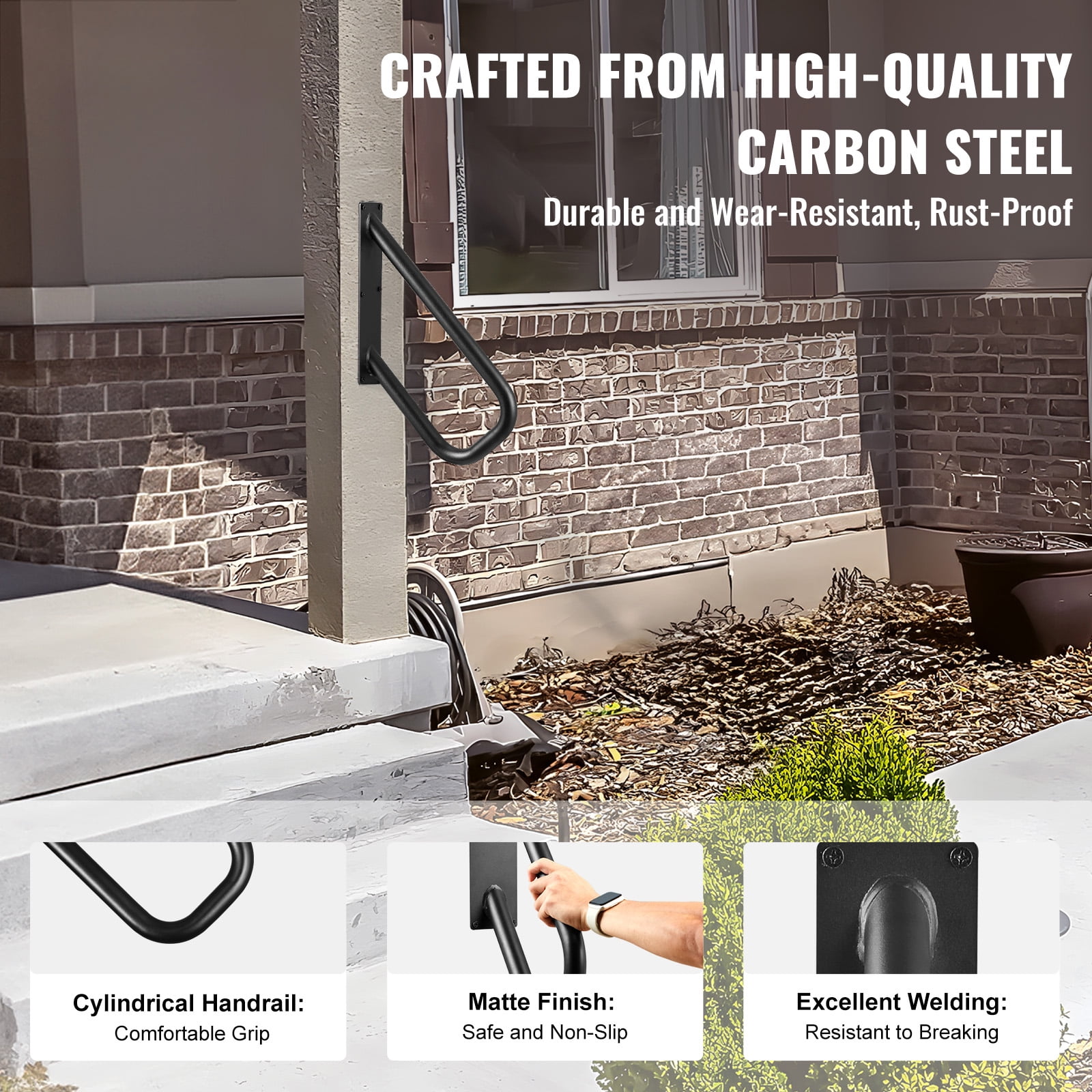 SKYSHALO Outdoor Step Handrails, 18.9" Long 1.3"Pipe, Wall-Mounted Safety Rails for 1-2 Steps, Matte Black Stair Rail for Garden, Yard, Garage, Support for Elderly, Pregnant, Disabled