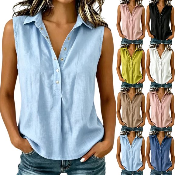 Endives Women's Linen Shirt Casual Summer Sleeveless Shirt for Women Button Down Collared Blouses Business Casual Shirt Work Shirt Tank Tops for Women Navy M
