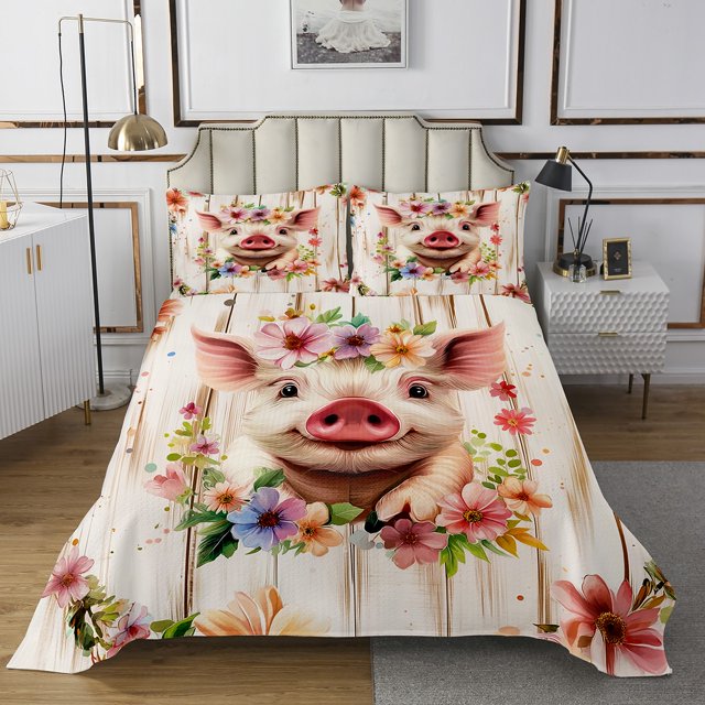 Erosebridal 3D Pig Quilt Sets for Queen Size Bed, Pink Flower Bed Set, Rustic Animal Decor 3 Pieces