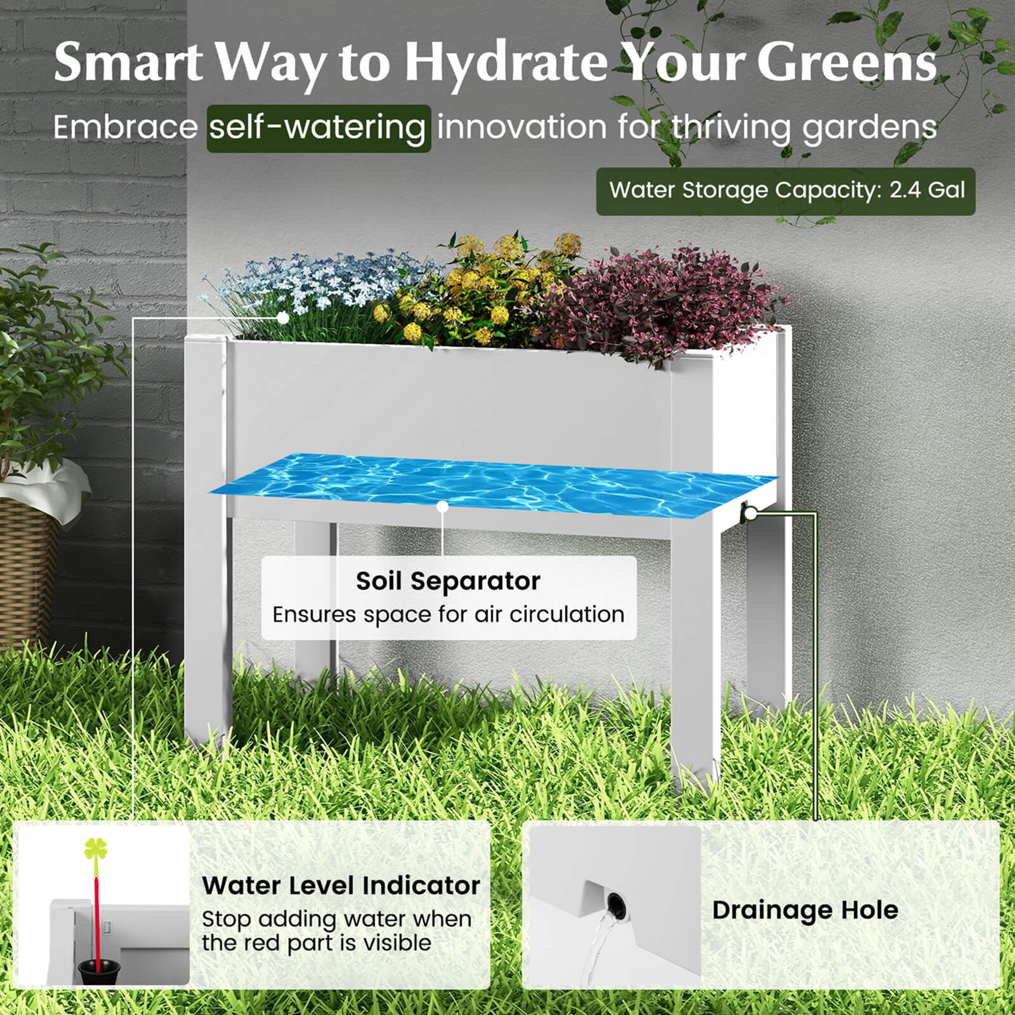 Costway Raised Garden Bed with Water Level Indicator Drainage Hole for Vegetables Outdoor Greyish-white