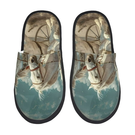 Balery Roman Chariot Horse Race Slient Indoor Furry Fleece Comfort House Shoes Soft Non-Slip Home Shoes Cotton slippers House Slippers-- Large