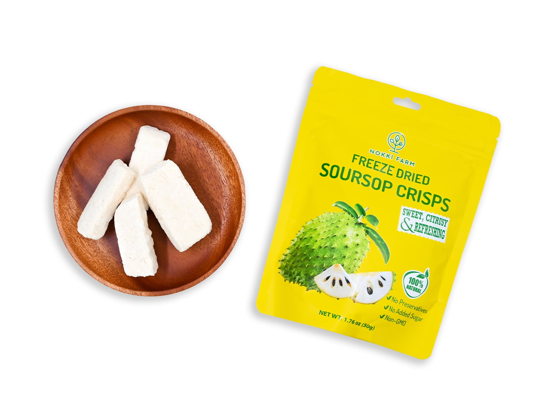 NOKKI FARM Freeze Dried Soursop Crisps - Healthy & Exotic Tropical Superfood Snacks, No Added Sugar or Preservatives, Kid-Approved, Shelf-Stable & Portable for On-The-Go Snacking, 1.76oz x 3 packs