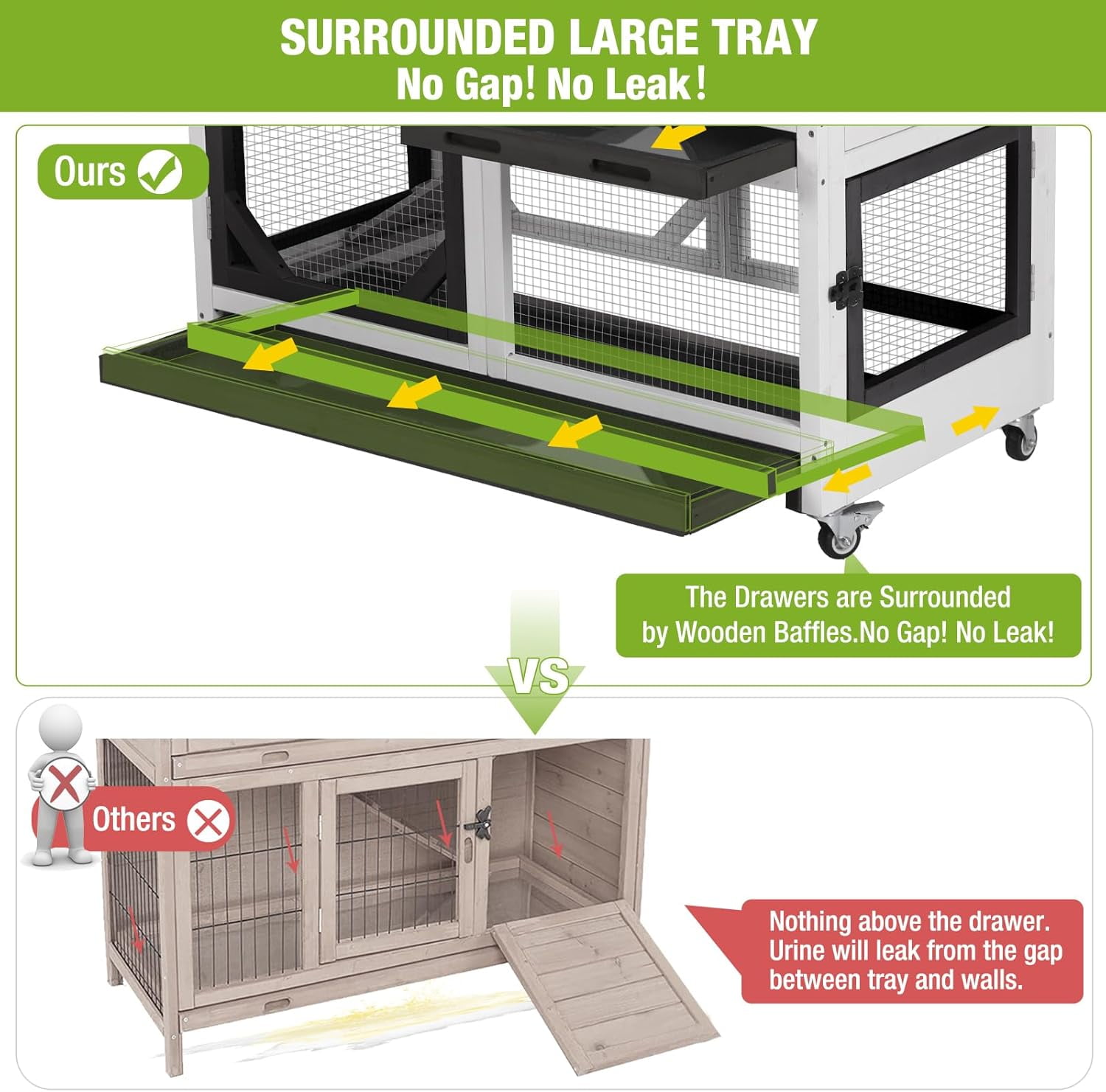 Aivituvin Rabbit Hutch Indoor Rabbit Cage with Wheels Outdoor Bunny House 2 Story Guinea Pig Cage with Leakproof Tarp Roof Black