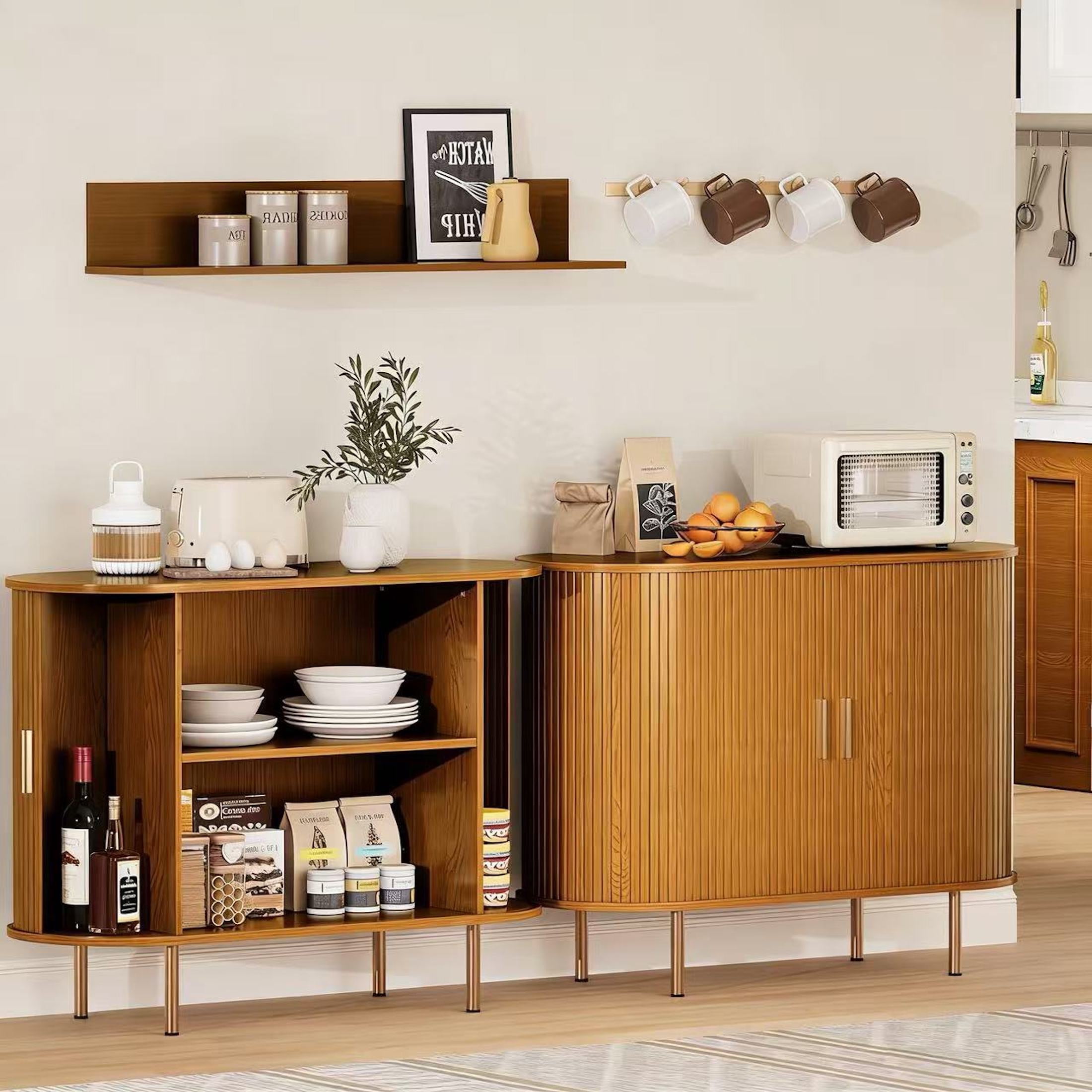 Aisword Sideboard Buffet Cabinet with Storage,Mid Century Modern Fluted Accent Coffee Bar Console Table,Tambour Sliding Doors& Adjustable Shelf for Kitchen, Living Room, Entryway, 40 Inch Yellow