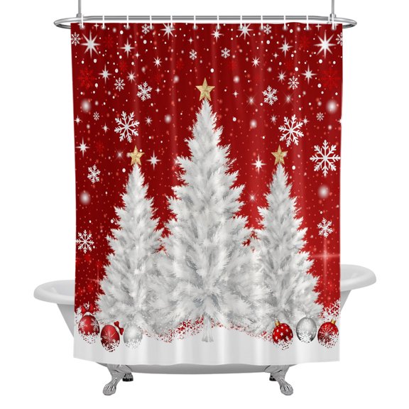 Bathroom Shower Curtain Winter Snowflake Xmas Tree Waterproof Shower Curtains with Hooks, Christmas Trees on Red Bath Curtains Bathtub Curtain Home Decor 36x72in