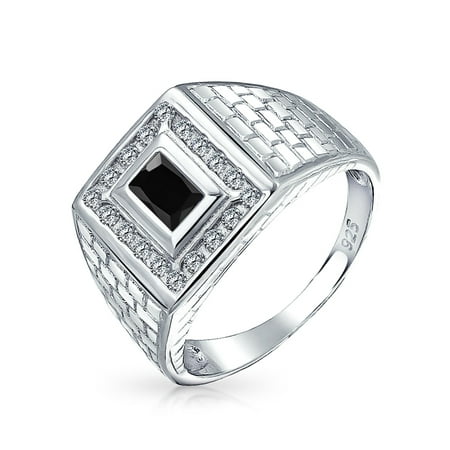 Black Onyx Bezel - Geometric Rectangle 2CT Black Emerald Cut AAA CZ Bezel Halo Mens Engagement Ring Simulated Onyx Band For Men