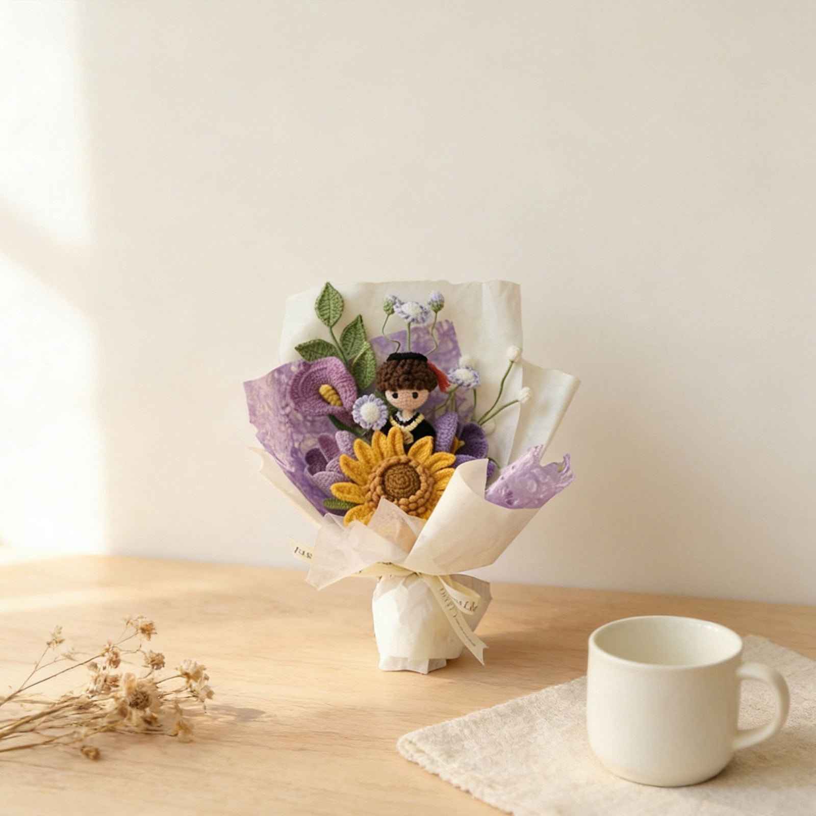 Handmade Crochet Bouquet, Sunflower Knitted Flowers, Artificial Knit Floral, Grad Greeting Cards, Grad Doll Bouquet, Home Decor Accent, Celebration Gift for Graduation Party, Gift for Her Him
