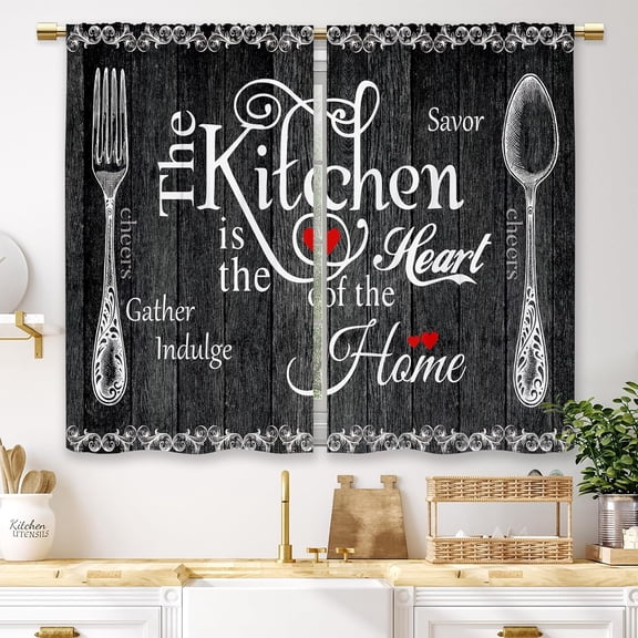 Black Farmhouse Rustic Kitchen Curtains Wooden Wood Small Short Cafe Window Curtains Vintage Fork Spoon Retro Barn Bathroom Living Room Bedroom Window Drapes Treatment 2 Panels (27.5x39 Inch)