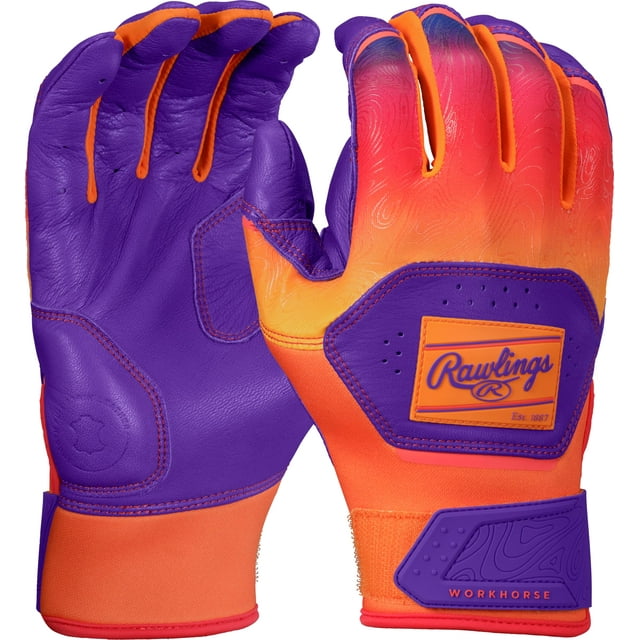 Guantes de bateo de béisbol Rawlings Workhorse Funburst morado/naranja