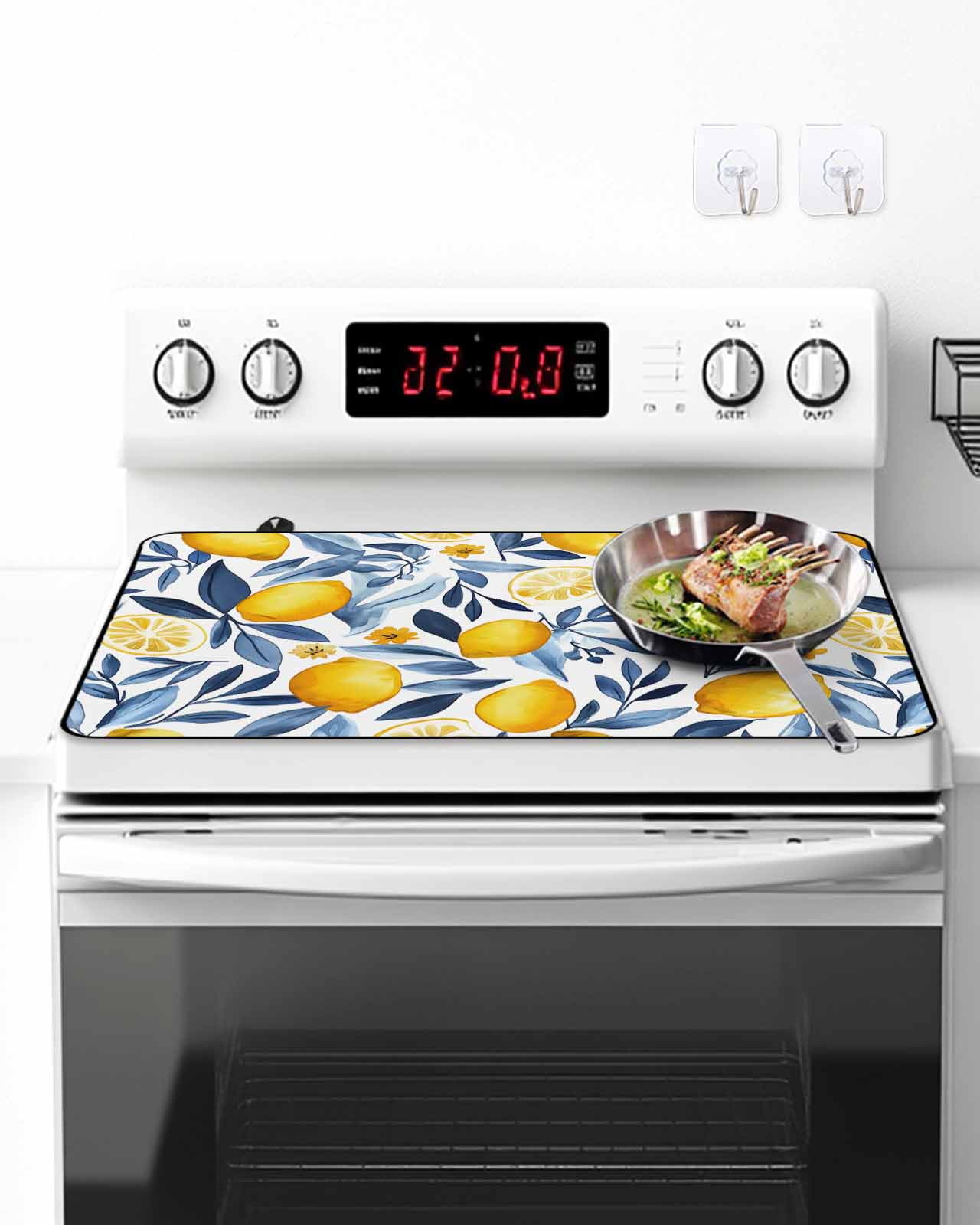 Stove Top Covers for Electric Stove, Yellow Lemon Glass Stovetop Cover Protector, Blue Flower Leaves Spring Summer Plant Induction Cooktop Protector Oven Mat for Kitchen Countertop 24"x21"