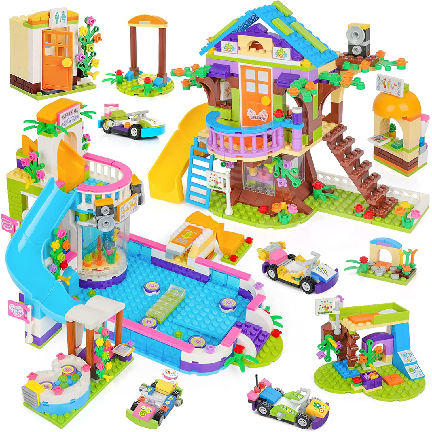 Details about   2 in 1 Summer Pool Party Treehouse Building Blocks Roleplay STEM Toy for Kids 6+ 