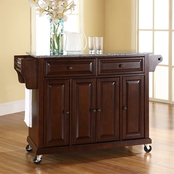 Durable Solid Hardwood Mobile Kitchen Cart with Elegant Raised Panel Doors and Ample Storage Space - Vintage Mahogany Finish