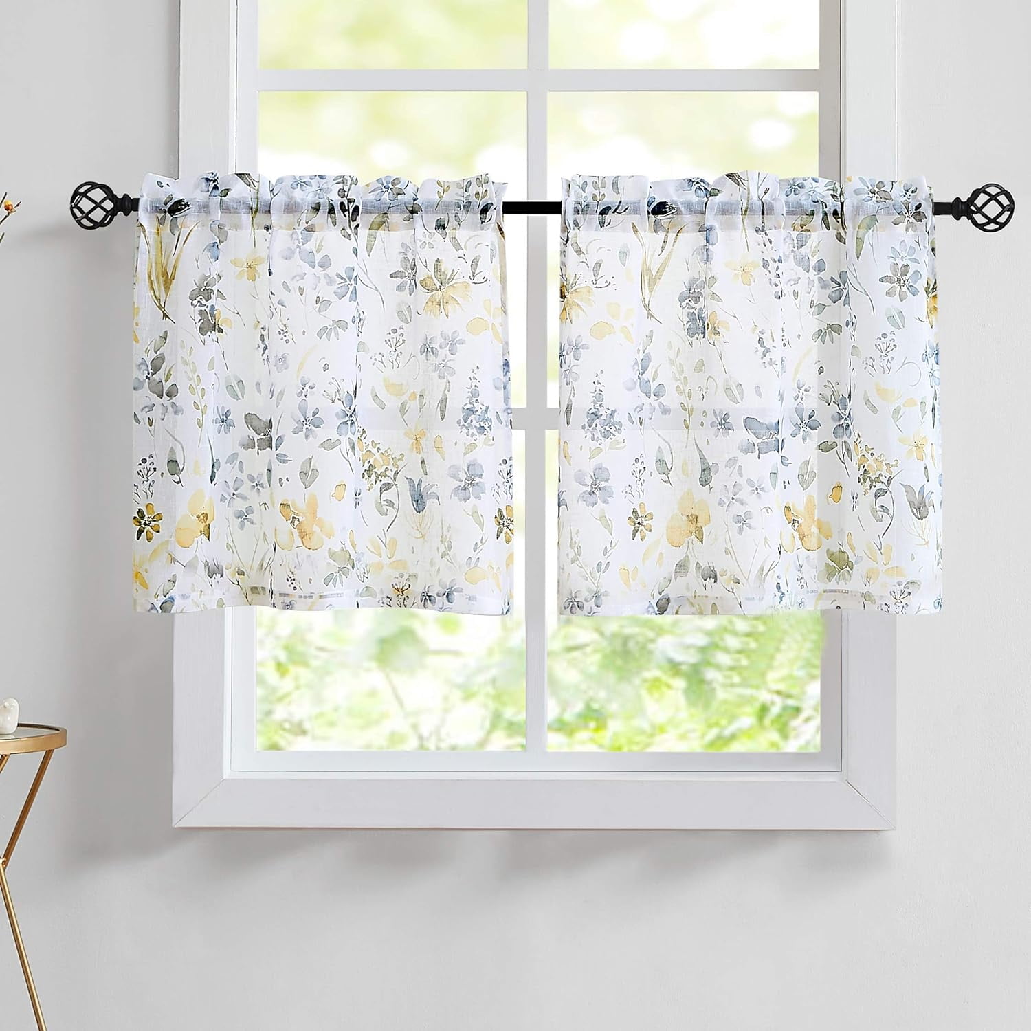 Watercolor Floral Sheer Kitchen Curtains and Valances Set for Cafe 3 Piece Yellow and Grey Flower Print Tiers&Valance Set 24 inch Length Rod Pocket