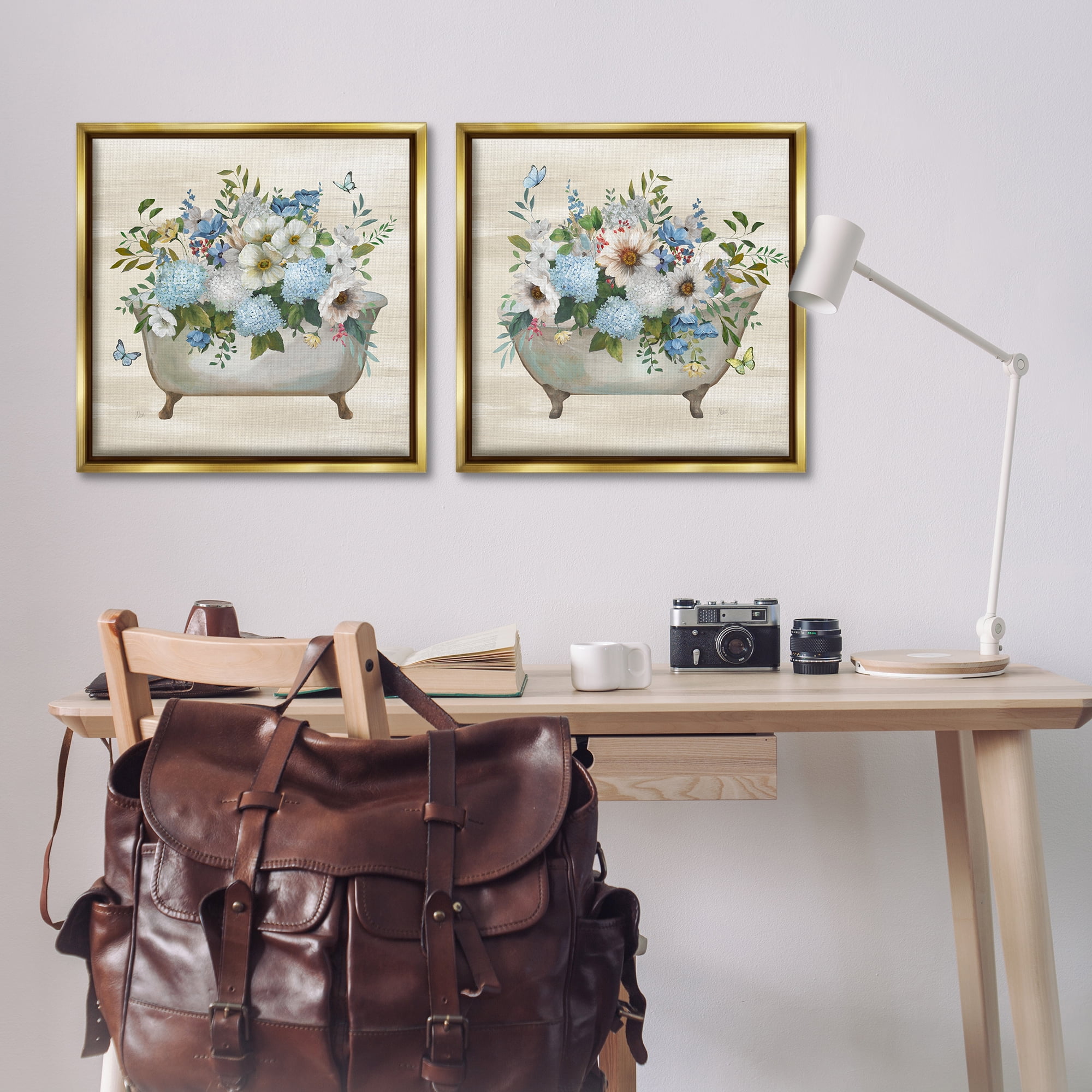 Stupell Industries Butterfly Hydrangea Bathtub Bath & Laundry Painting Gold Floater Framed Canvas Art Print Wall Art, 25 x 25, Set of 2