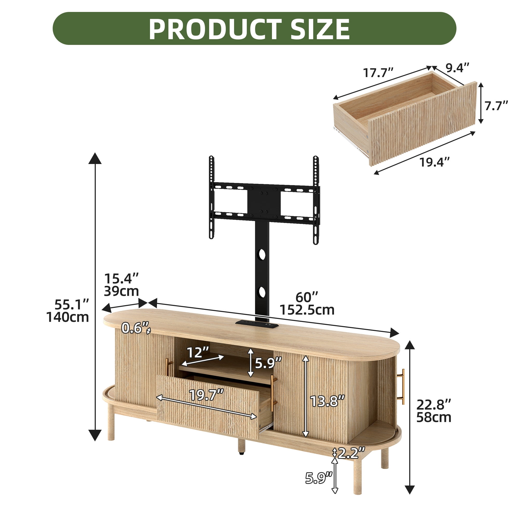 Uforic 60" TV Stand with Mount for 32-75" TVs, Height Adjustable Fluted Entertainment Center, Oak