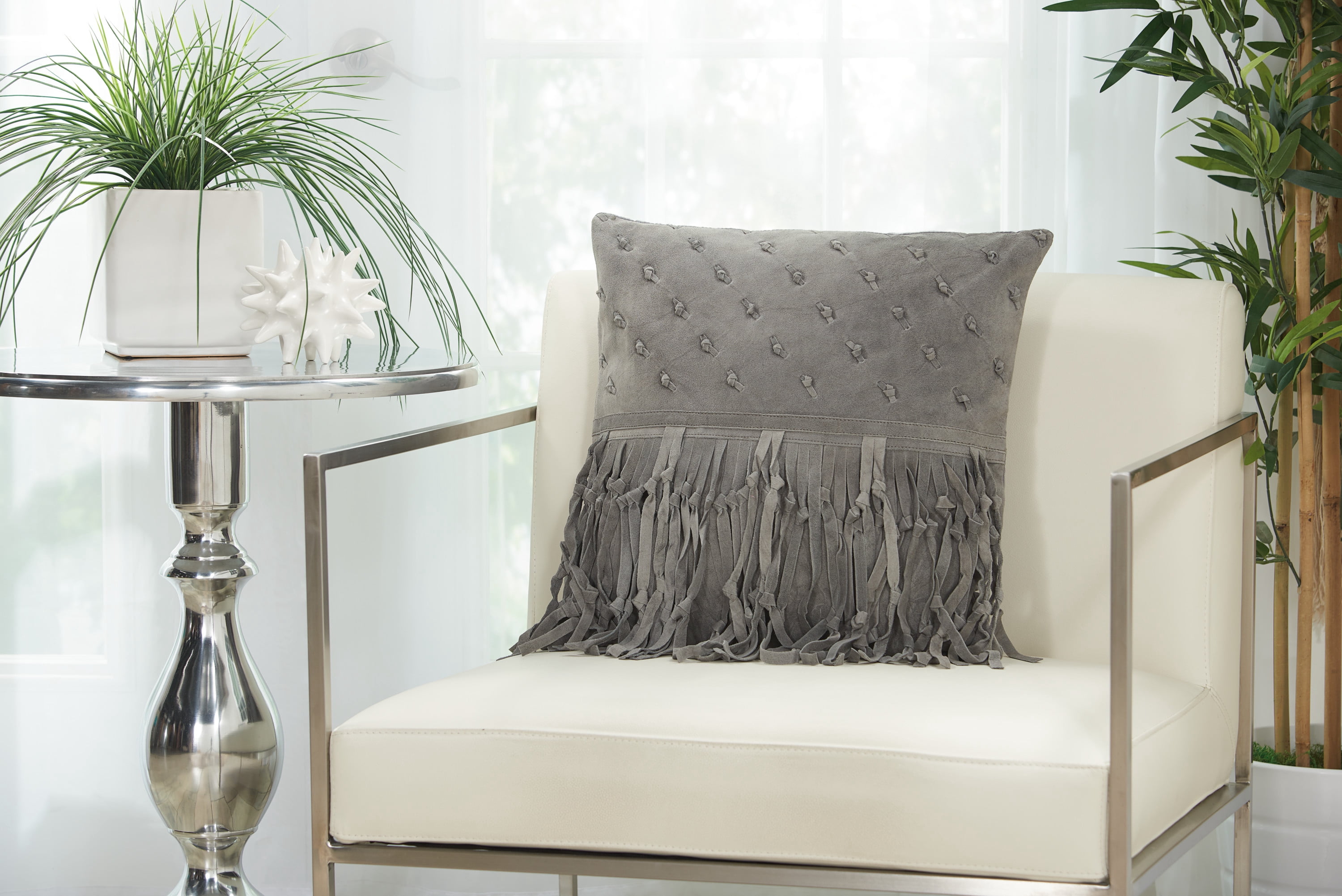 Mina Victory Couture Nat Hide Knots & Fringe Grey 18" x 18" Throw Pillow