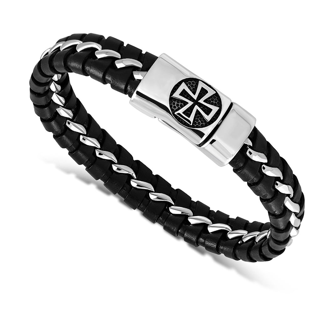 Stainless Steel SilverTone Black Leather Braided Cross Wristband Mens