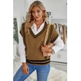 thumbnail image 2 of POGLIP Women's Brown V Neck Contrast Stripes Trims Short Sleeve Sweater, 2 of 6
