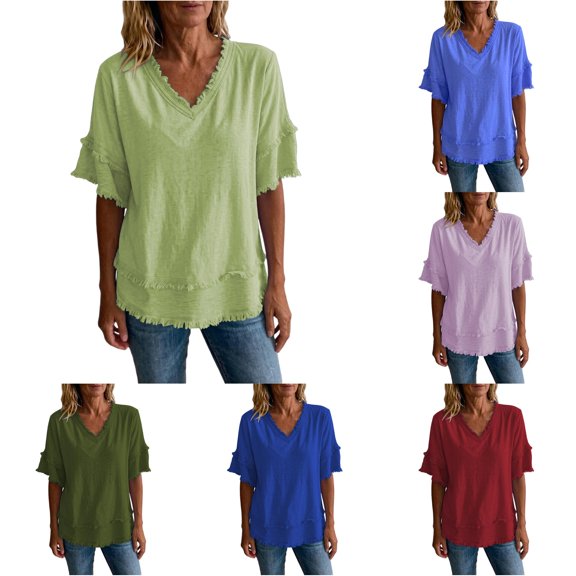 Rhuody Women Tops Short Sleeve V Neck Loose Color T Shirt Women'S Clothing Light Green