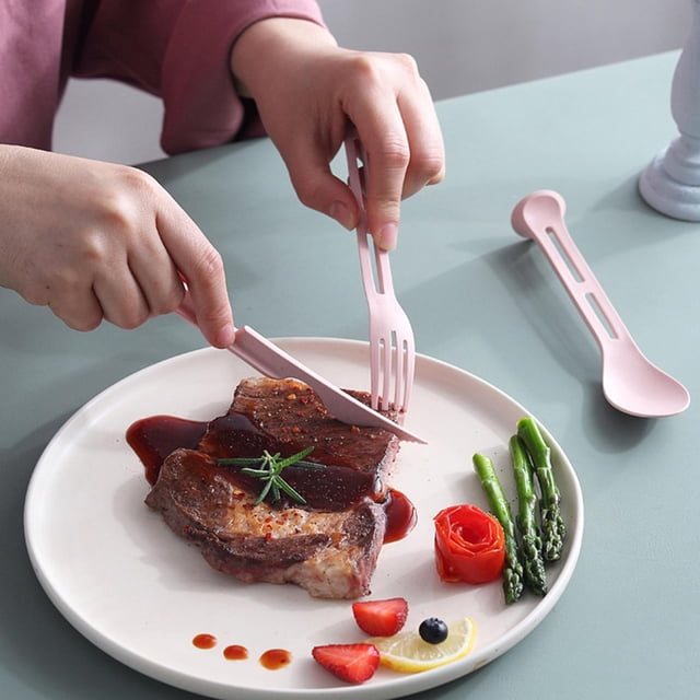 Juego de 3 tenedor 3 en 1, aparatos portátiles, cubiertos para alimentación, vajilla, vajilla para entrenar a de 2 años, bebé niño rosado Baoblaze Vajillas