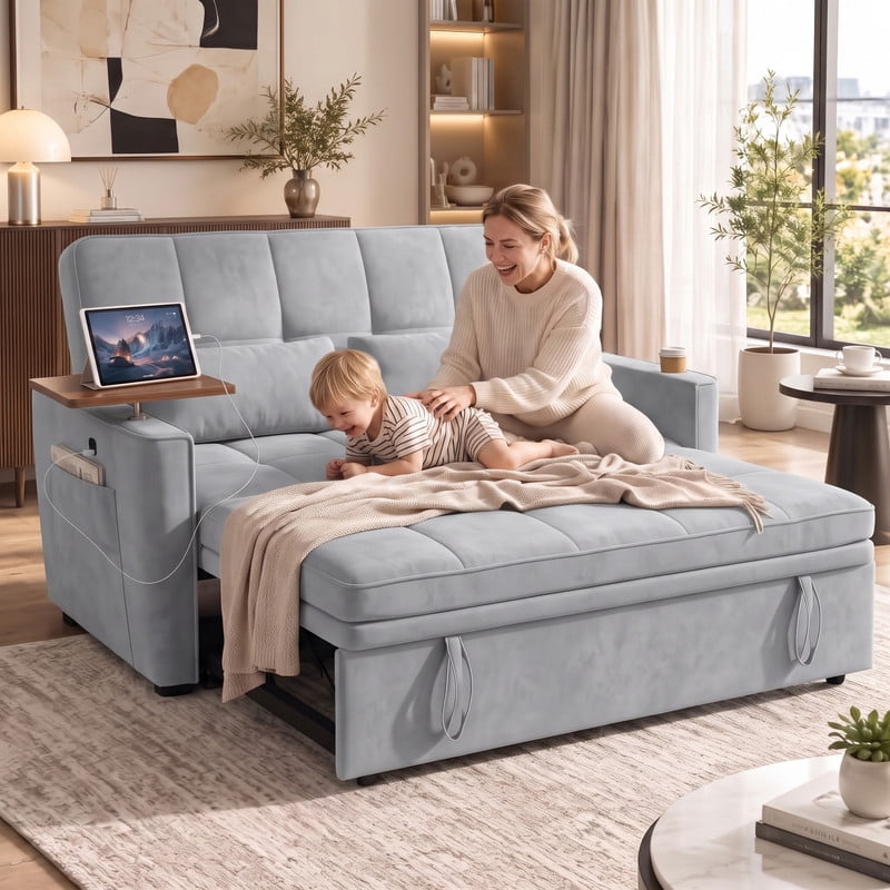 avobird 54'' Pull Out Sofa Bed, Convertible Sleeper Couch for for Living Room, Side Desk, USB Ports, Cup Hold, Velvet Fabric, Adjustable Backrest, Light Gray