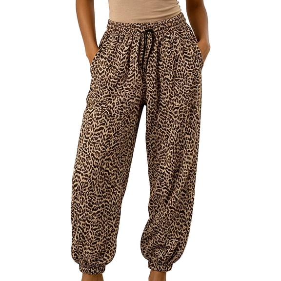 RMGVDSD Women's Leopard Print Jogger Pants, Elastic Drawstring Waist Loose Trousers, Casual Cuffed Ankle Pants with Pockets Trendy Streetwear,M