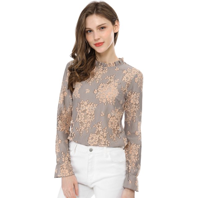 INSPIRE CHIC Women's Crochet Lace See Through Floral Ruffle Neck Blouse
