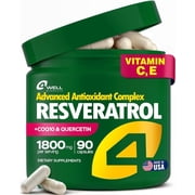4Well Resveratrol Supplement 1800mg Complex - COQ10, Quercetin, Vitamin E, Vitamin C - Powerful Antioxidant Formula for Enhanced Energy, Heart Health & Healthy-Aging Support Trans Resveratrol 90 Caps