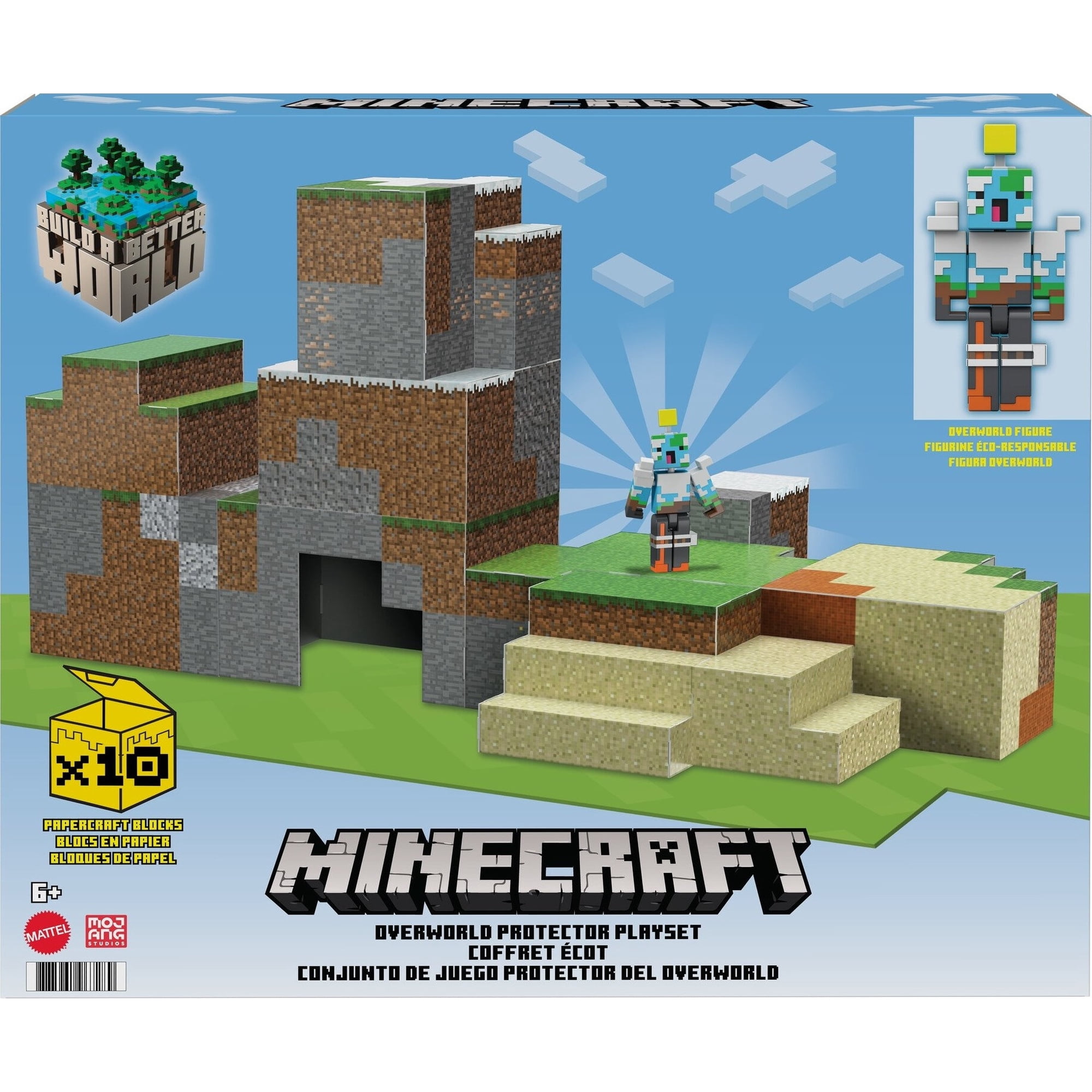 Minecraft Overworld Playset with 1 Action Figure & 10 Papercraft Blocks, 3.25-in Scale Toy