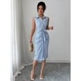 thumbnail image 3 of Women's Sleeveless Belted Midi Shirtdress with Vertical Stripes and Front Button Closure, 3 of 6