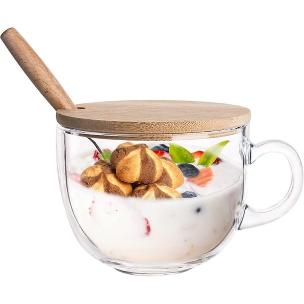 Glass Cup Clear Coffee Mug with Lids Spoon for Breakfast Tea,Milk,Beverage,Oats,yoghurt