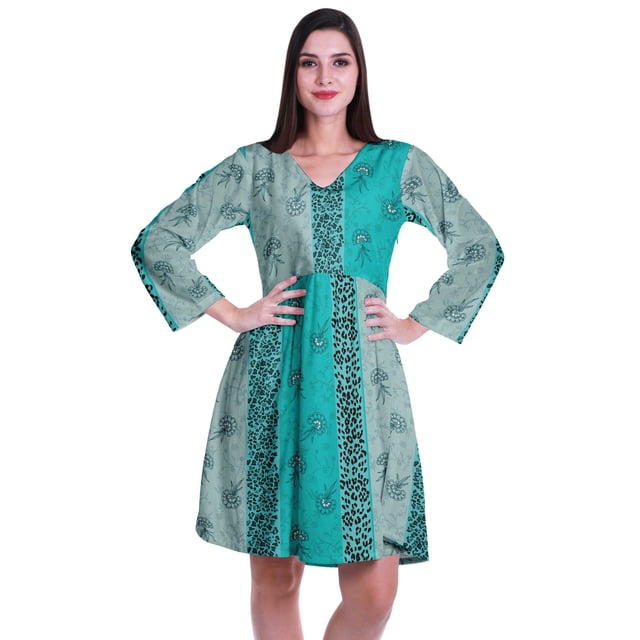 Moomaya Robe Courte Évasée Imprimée de Designer, Manches Longues, Tunique en Velours, Robes pour Femmes