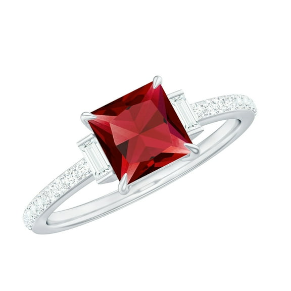 Rosec Jewels 2 CT Claw Set Princess Cut Created Ruby Solitaire Ring with Diamond Side Stones, 925 Sterling Silver, US 4.00