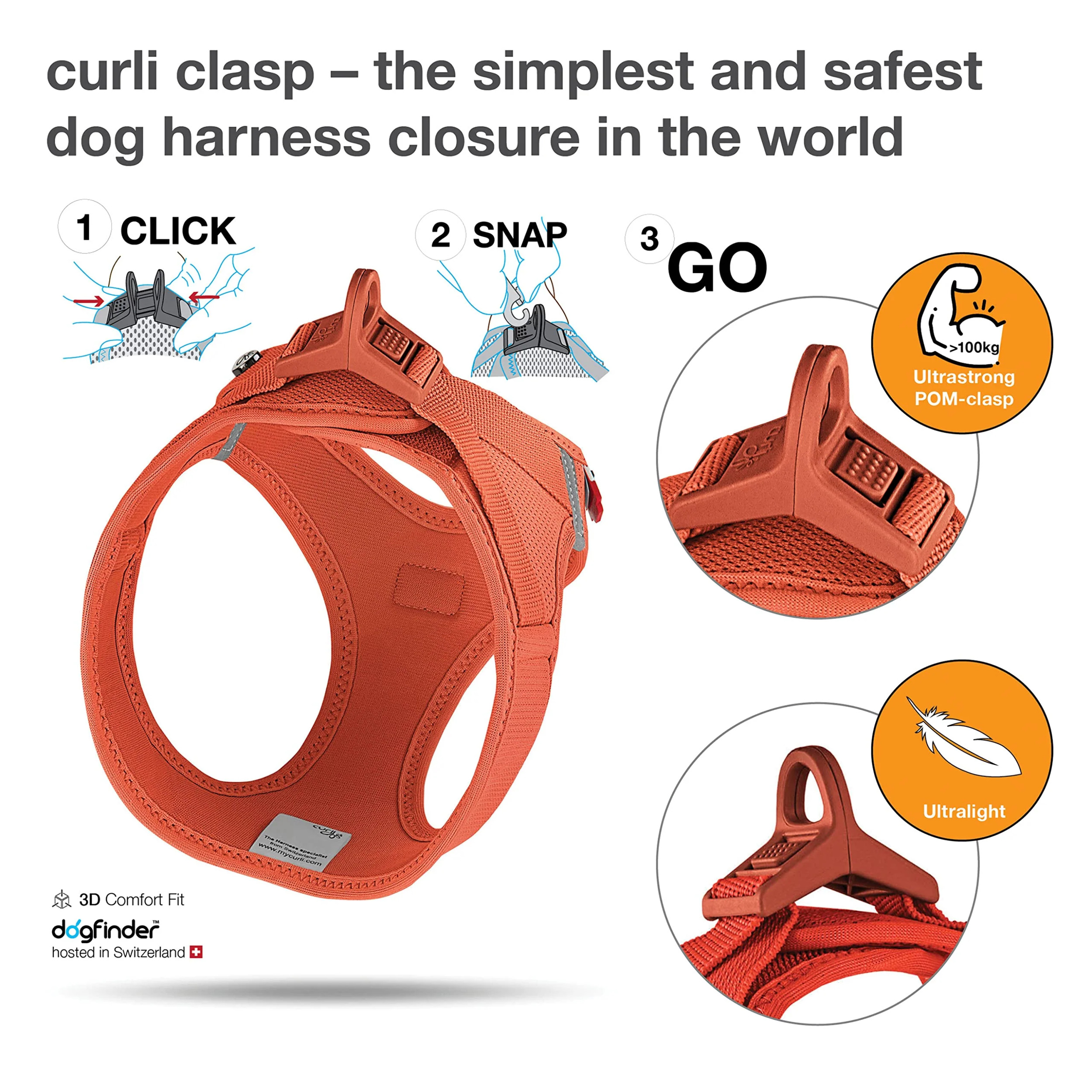 Curli AG 640150 Clasp Vest Air-Mesh Dog Harness, Orange - Extra Small