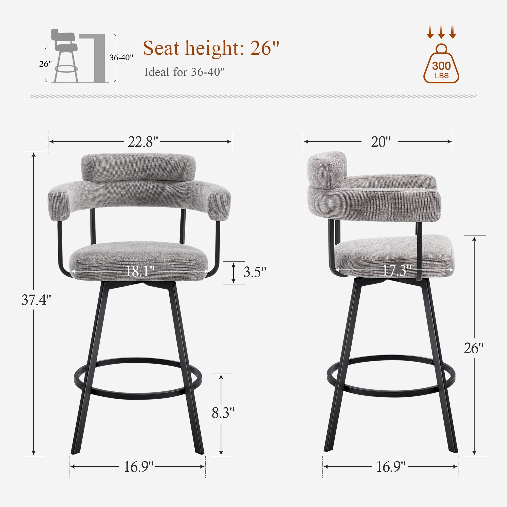 Zesthouse 26" Counter Height Swivel Barstools, Linen Upholstered Bar Stools Set of 2, Metal Base, Gray