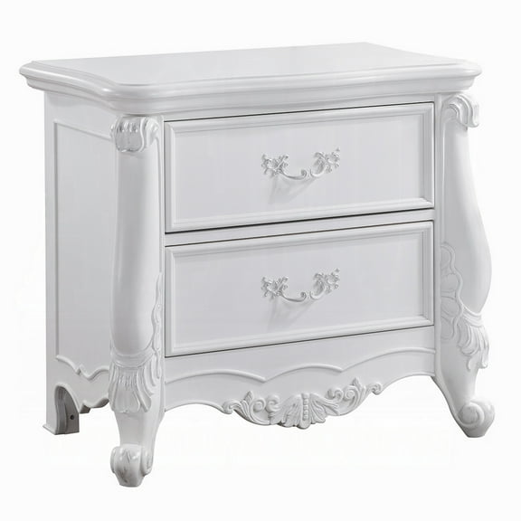 Maver Nightstand with 2 Drawers Scrolled Details, 32 Inch White Wood