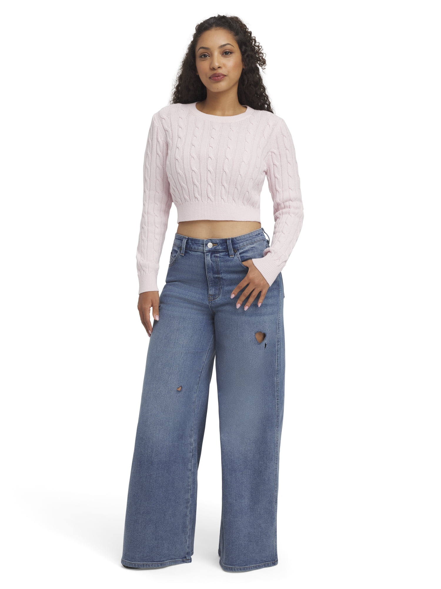 Mills by Millie Bobby Brown Women's Long Sleeve Crop Cable Sweater, Sizes XXS-XXL