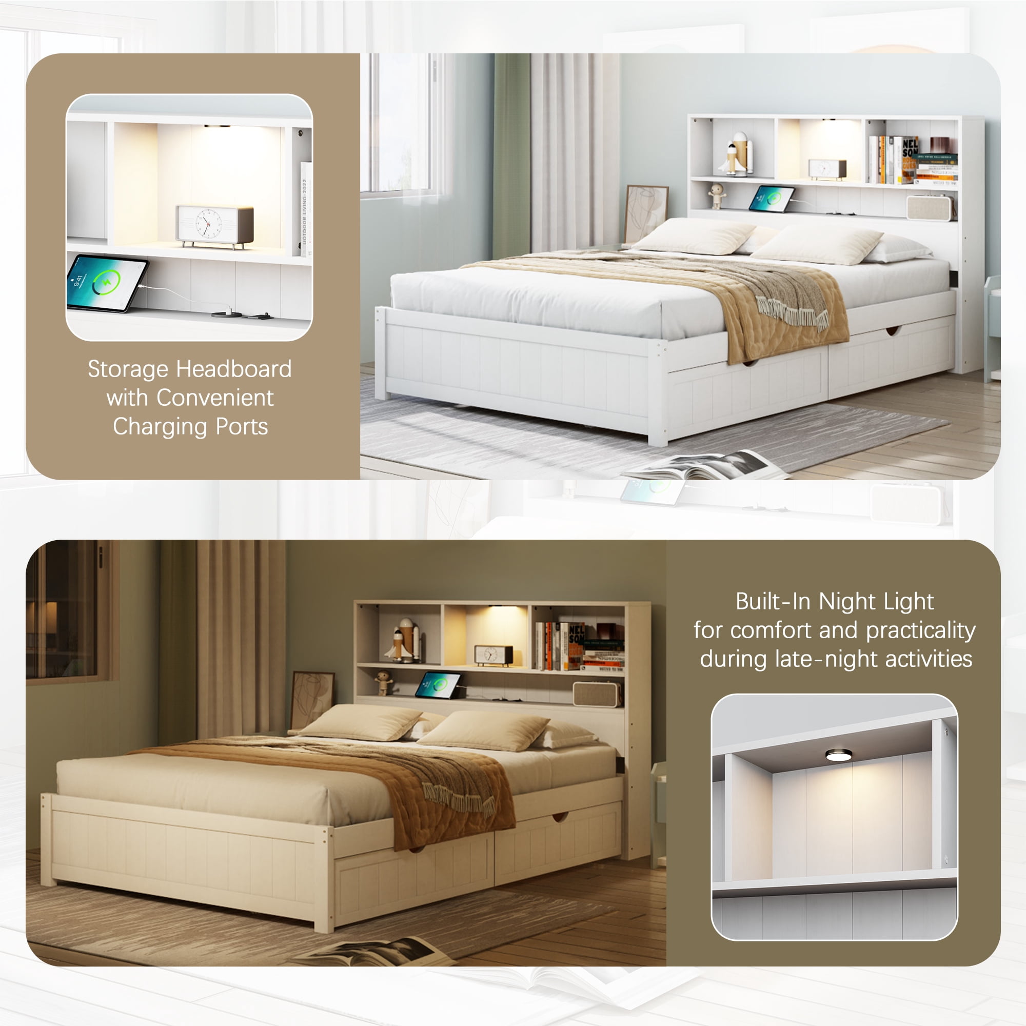 Euroco Wood Twin Size Platform Bed with Storage Headboard and Drawers, LED Light and USB Charging, White