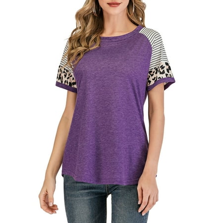 

LELINTA Women Short Sleeve Leopard Print Color Block T-Shirt Casual Contrast Round Neck Loose Tunic Tops Maternity Fashion Blouse Tops M-3XL Grey/ Wine Red/ Black/ Khaki/ Purple