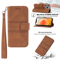 Dteck Wallet Case For iPhone 14 Pro Max,Shockproof Full Body Protector Card Slot Stand Hand Strap Case Cover,Brown
