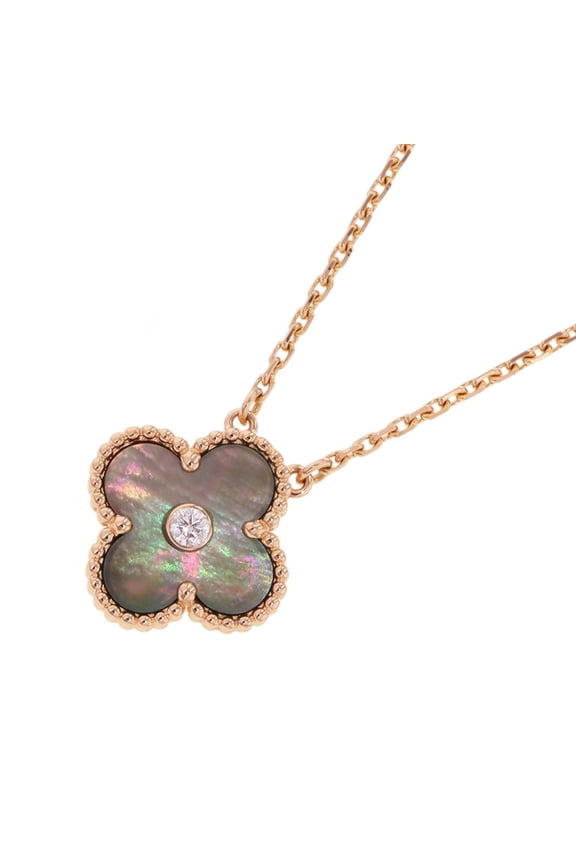 Pre-Owned Van Cleef & Arpels Alhambra Necklace, Gray Mother-of-Pearl, 1 Diamond, 18K Pink Gold...