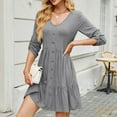 thumbnail image 4 of HERESOM Womens Summer Short Dress Women's Fashion Solid Middle Sleeves Round Neck Patchwork Dress, 4 of 6